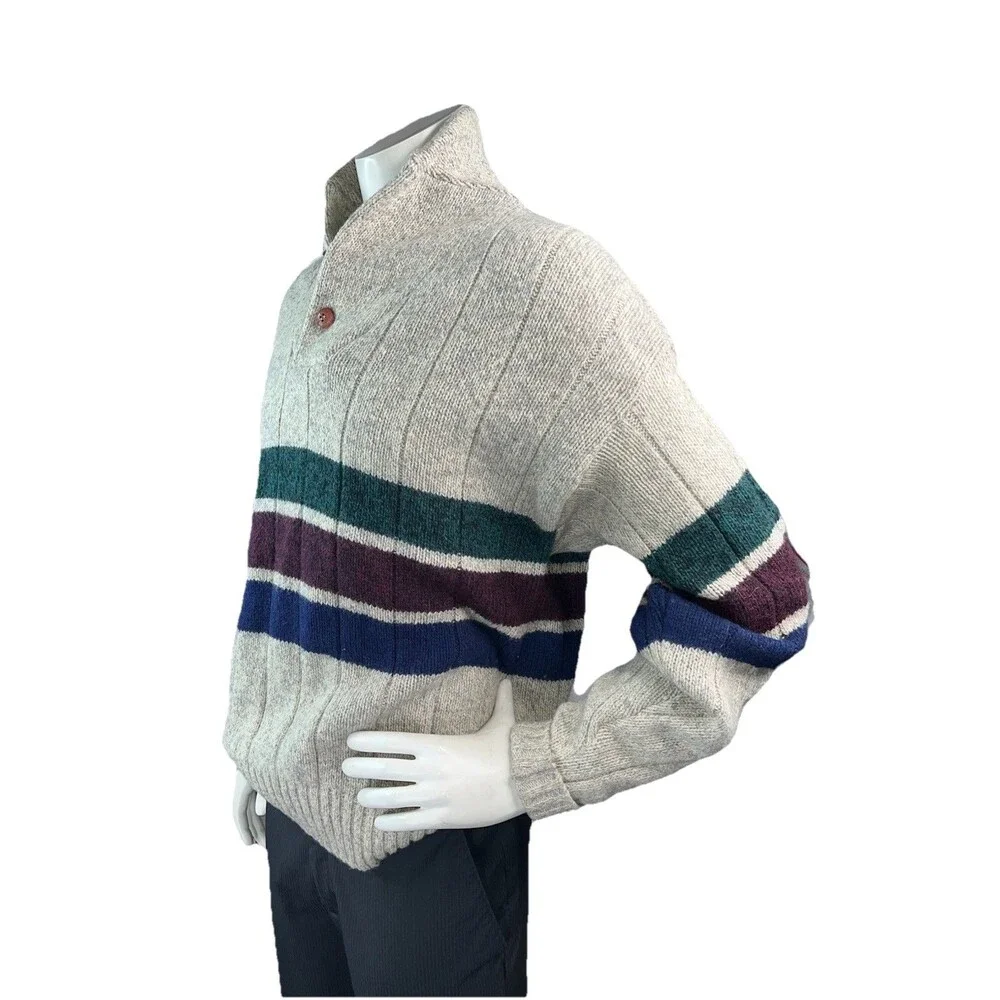 Vintage 1990s Eddie Bauer Mens Striped Wool Cowl Neck Chunky Sweater L